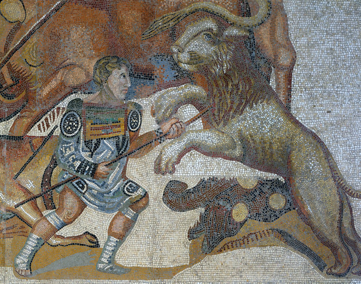 Mozaik egy vadvadászat jelenetével, egy vadállatot megölő gladiátor részlete alkotó: Roman Roman