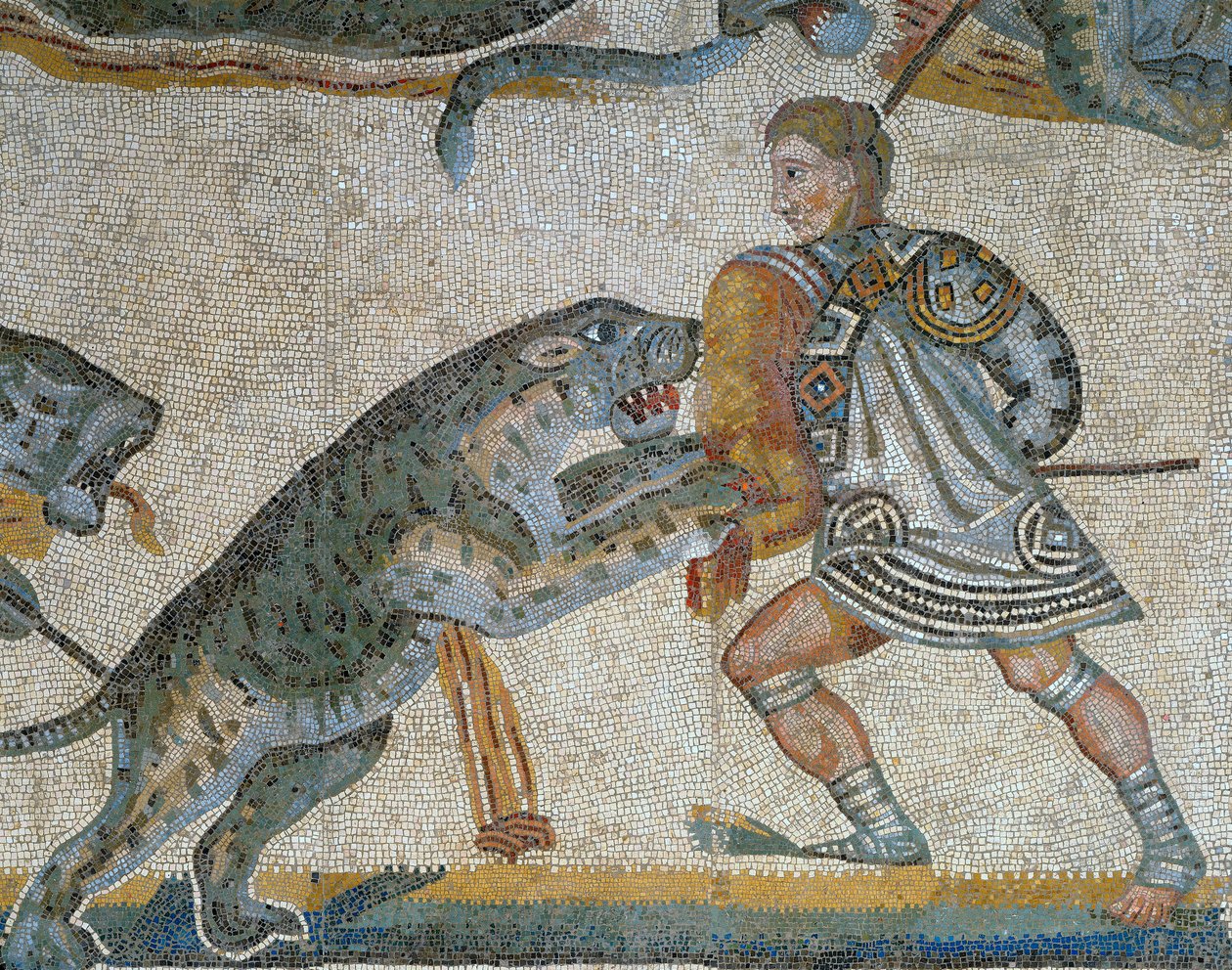 Mozaik egy vadvadászat jelenetével, egy vadállatot megölő gladiátor részlete alkotó: Roman Roman