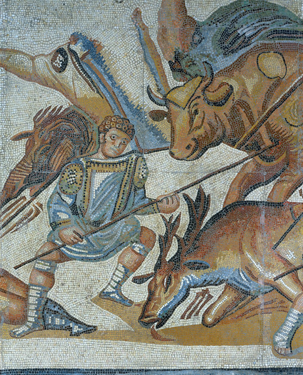 Egy vadvadászat jelenetét bemutató mozaik, egy állatot megölő gladiátor részlete alkotó: Roman Roman