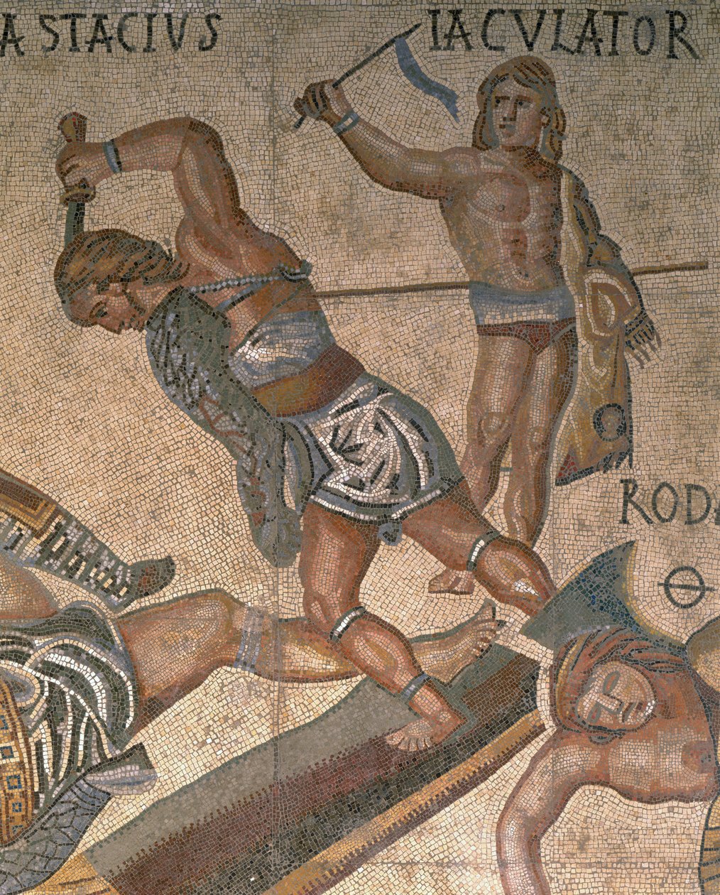 Mozaik harcoló gladiátorok jelenetével, egy páncélba öltözött gladiátor részletével alkotó: Roman Roman
