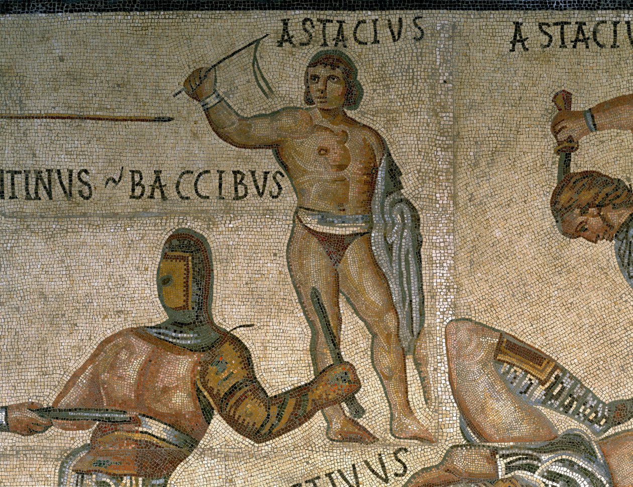 Mozaik harcoló gladiátorok jelenetével, egy páncélba öltözött gladiátor részletével alkotó: Roman Roman