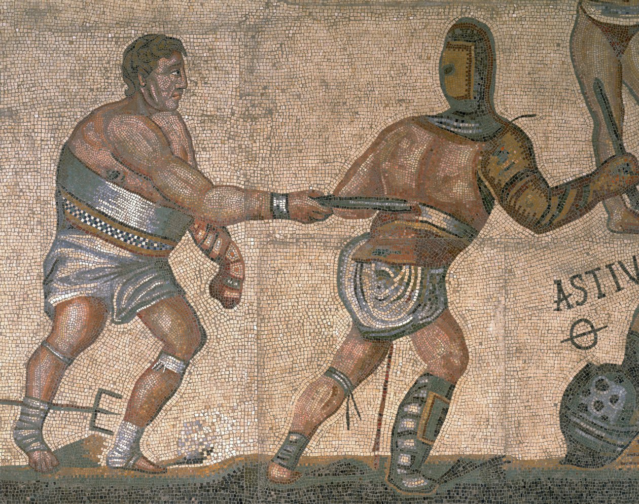 Mozaik harcoló gladiátorok jelenetével, egy páncélba öltözött gladiátor részletével alkotó: Roman Roman