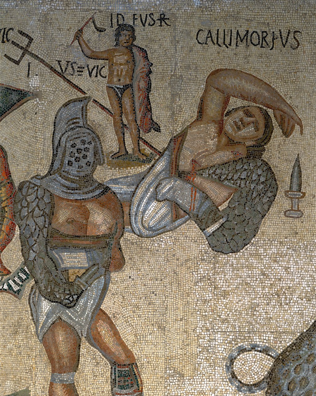 Mozaik harcoló gladiátorok jelenetével, egy páncélba öltözött gladiátor részletével alkotó: Roman Roman