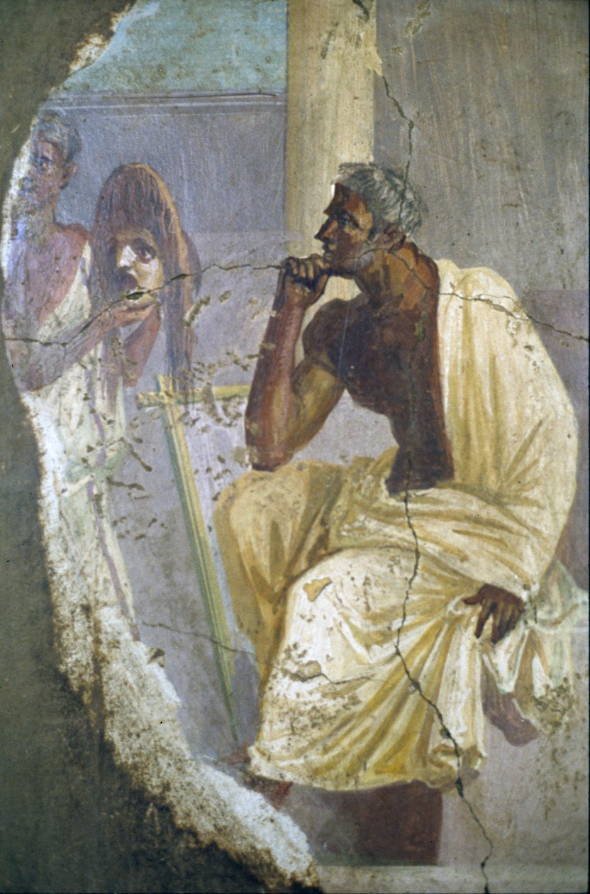 Nápoly, színész freskótöredéke maszkkal, Pompeiiből, alkotó: Roman Roman
