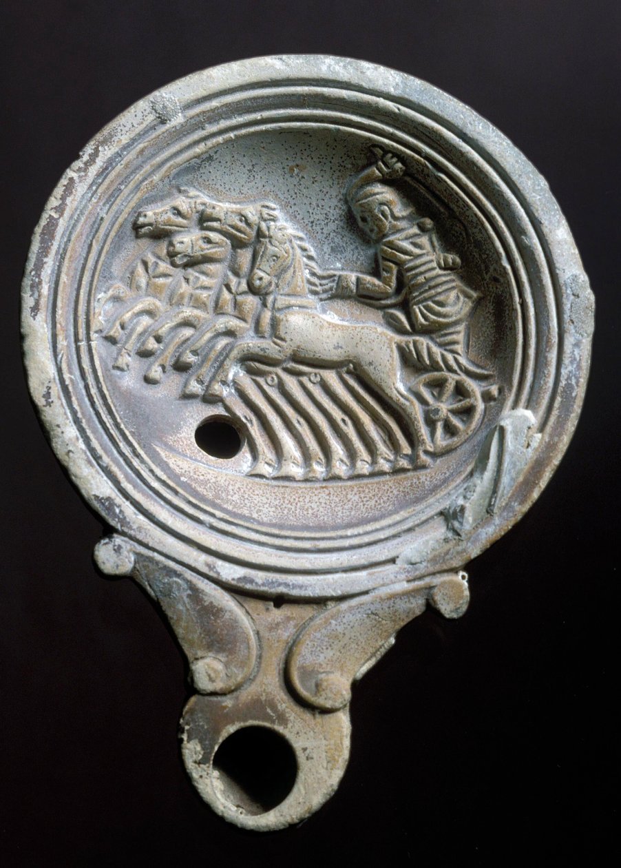 Olajlámpa, amely egy versenykocsit ábrázol négy lóval (terrakotta) alkotó: Roman Roman