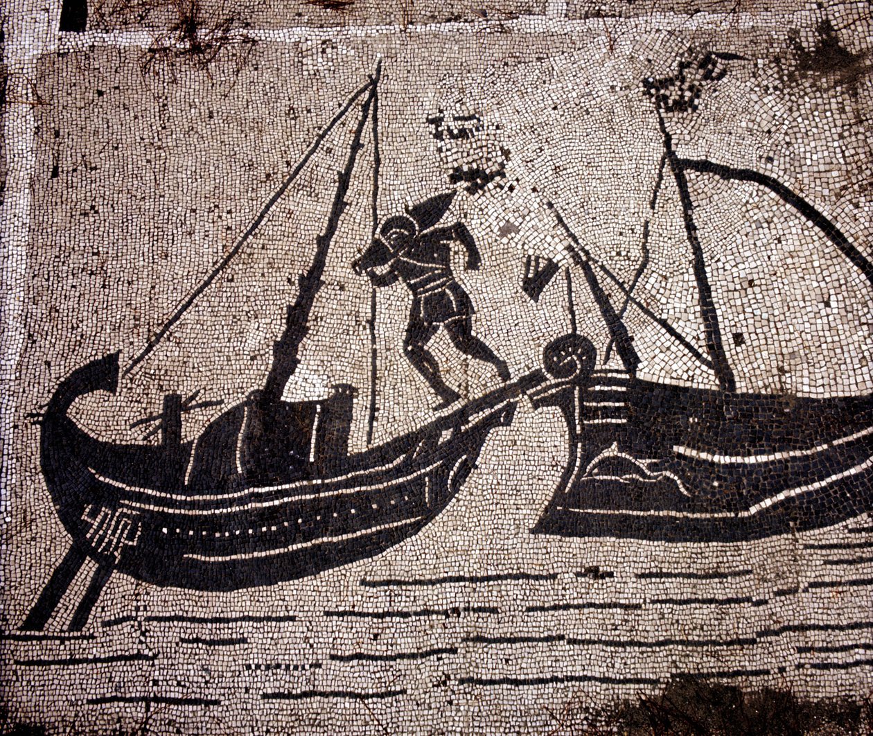 Ostia (Ostia) Ősi, a Place des Corporations mozaikja. Csónak berakodása. alkotó: Roman Roman