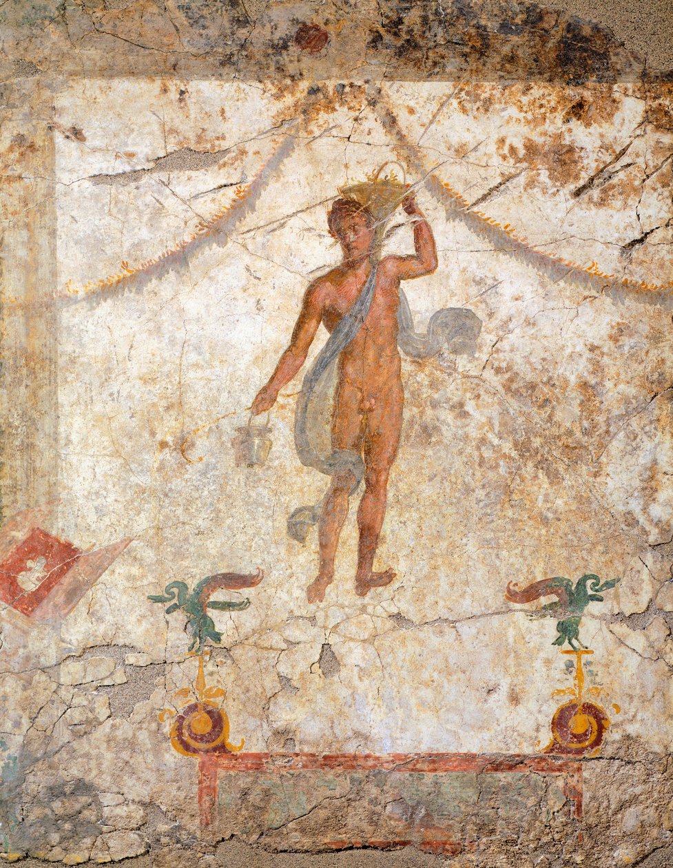 Negyedik pompeusi stílusú festmény, amely egy zsenit ábrázol kosárral és szitulával alkotó: Roman Roman