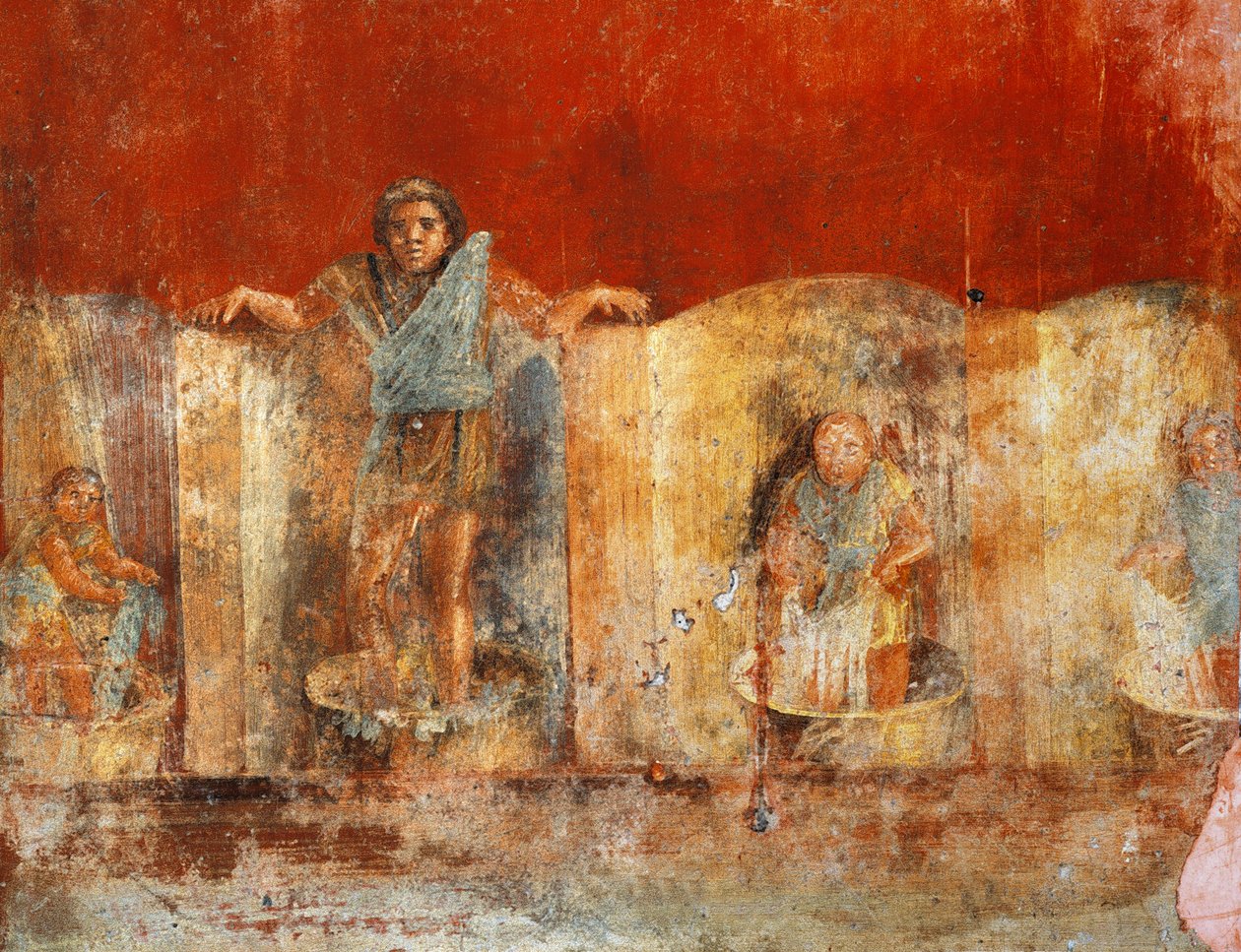 Gyapjúgyártást ábrázoló oszlopfreskó Pompeiből, Veranio Ipseo Fullonica alkotó: Roman Roman