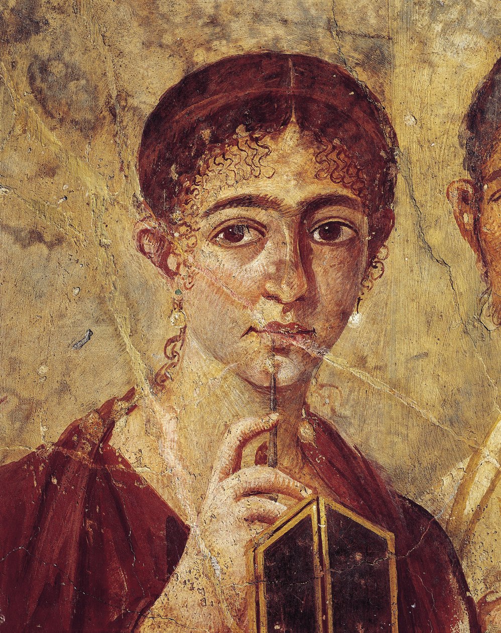 Terentius Neo pék és felesége ünnepi ruhában, a feleség részlete tollal és diptichonnal, Olaszországból, Campania, Pompei, Kr.u. 55-79, festmény gipszre alkotó: Roman Roman