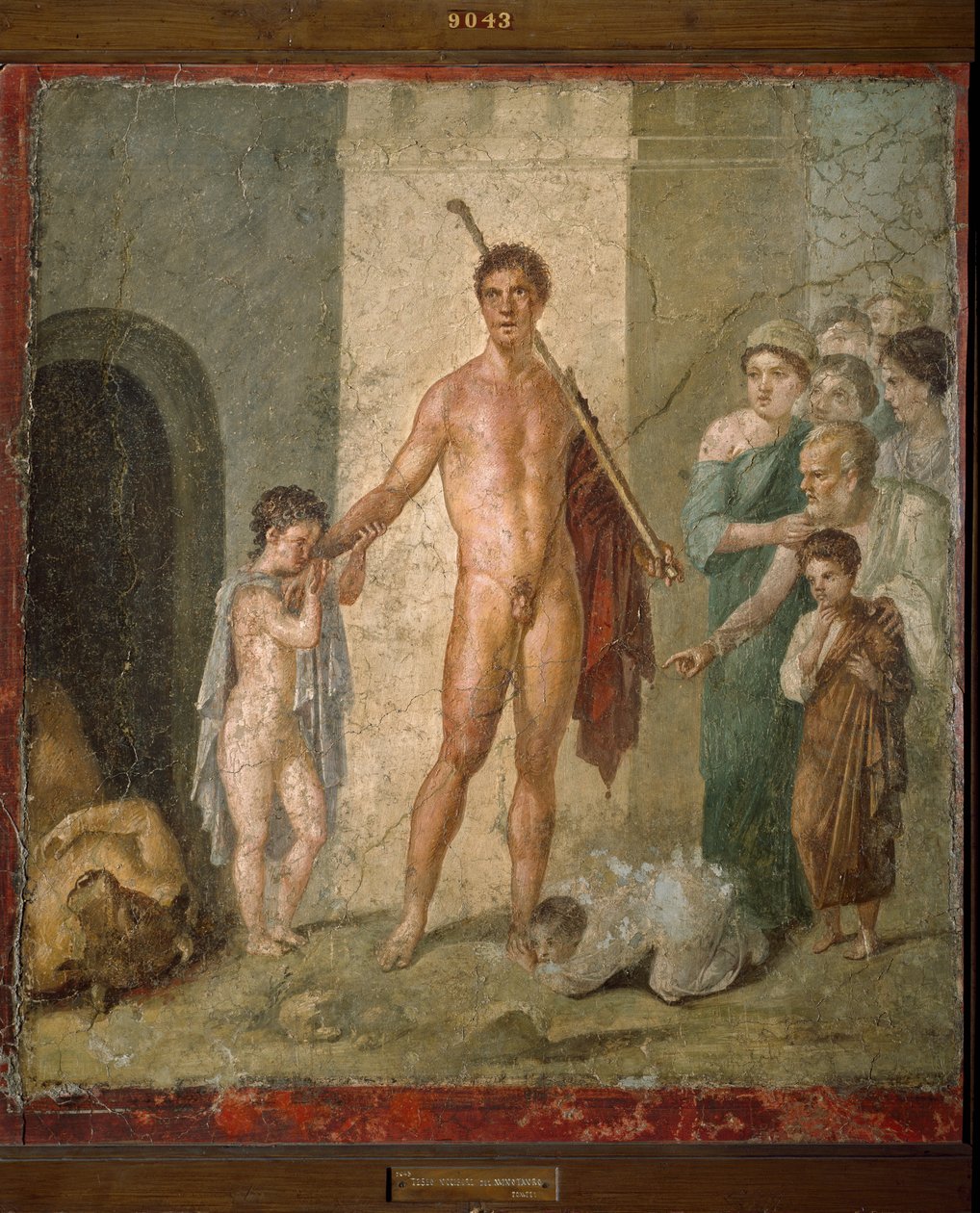 Thesee, a görög mitológia hőseinek ábrázolása, aki a minotaurusz diadala után kiszabadítja a hét fiatal férfit a labirintusból. Freskó a Pompei-i Villa de Gavius Rufusból. Homályos. 88x97 cm Nápolyi Régészeti Múzeum - Római művészet: ábrázolás o alkotó: Roman Roman