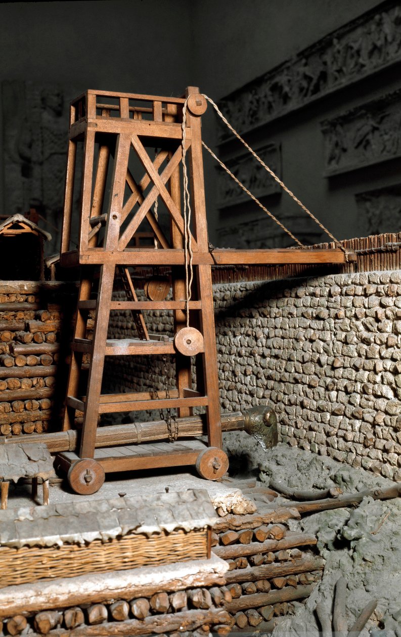 Római antikvitás: A modell Avaricum (a mai Bourges) ostromát reprodukálja Jules Cesar római légiói által Vercingetorix hadserege ellen a galliai háború alatt. 52 Kr. e. Mozgatható hittorony egy agger tetején. Róma, Museo della Civilta Ro alkotó: Roman Roman