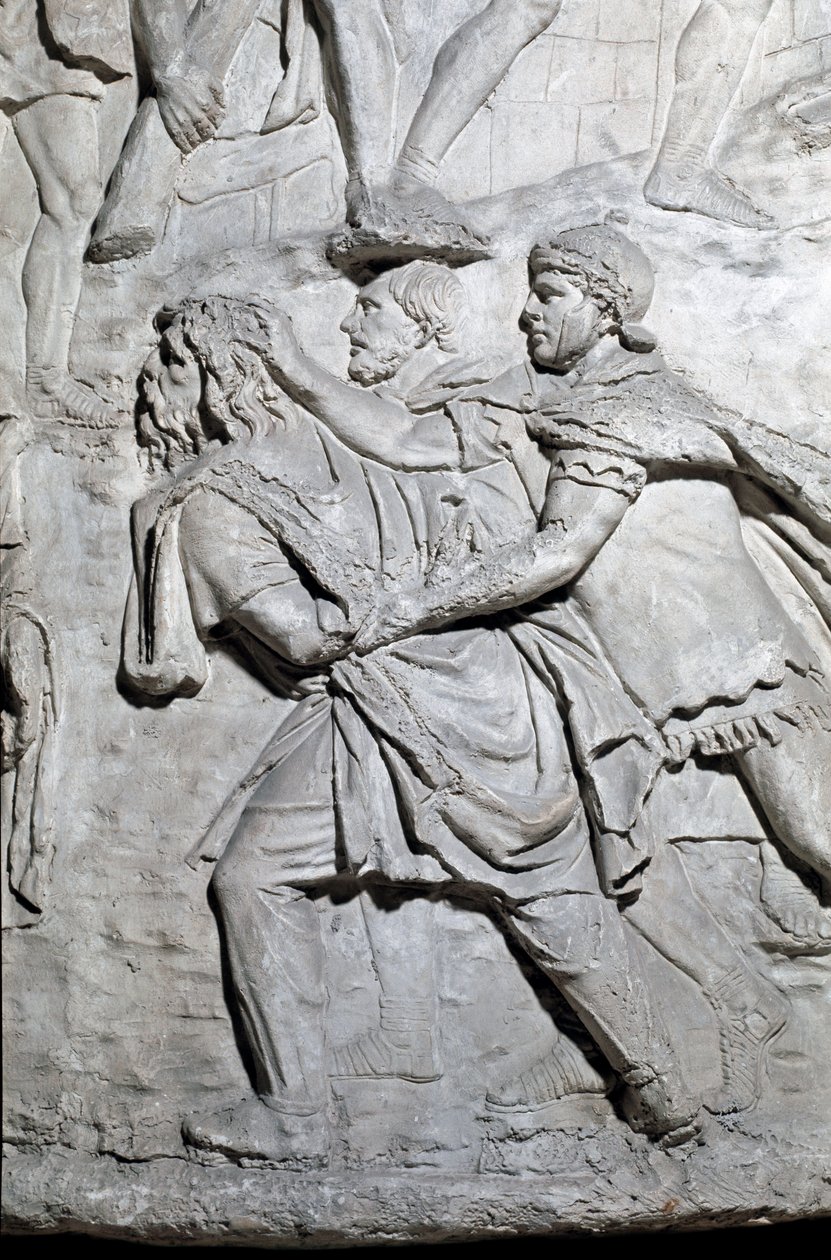 Római művészet: „Római katonák foglya””” 1862-es öntőforma, amely a Traianus császár (53-117) uralkodása idején épült római Traianus-oszlop (Traiana oszlop) (Colonna Traiana) domborműveit reprodukálja. . A Trajane-oszlop megemlékezik a v alkotó: Roman Roman