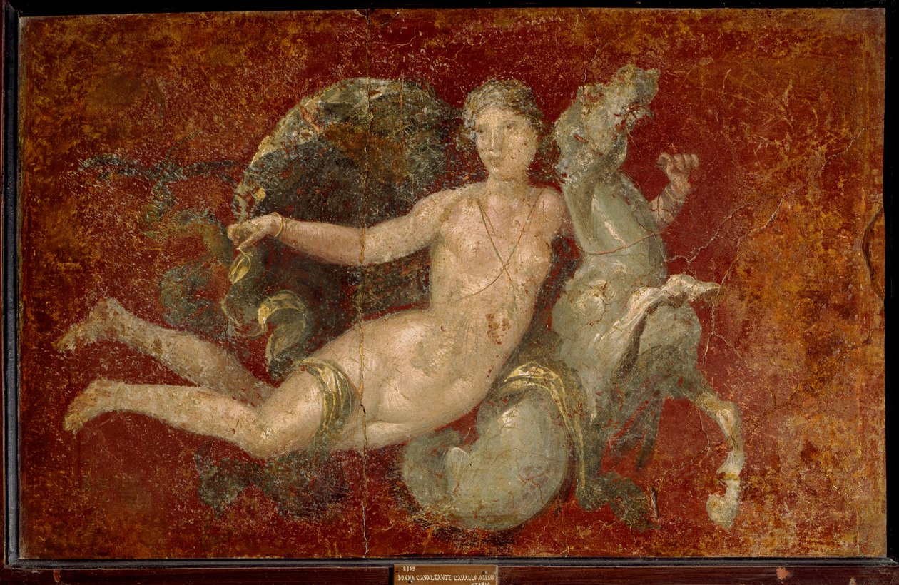 Római művészet: tengeri lovon ülő nő. Stabia freskója. Nápoly, Museo Archeologico Nazionale - Római művészet: tengeri lovon ülő nő. Stabia freskója. Nemzeti Régészeti Múzeum, Nápoly, Olaszország alkotó: Roman Roman