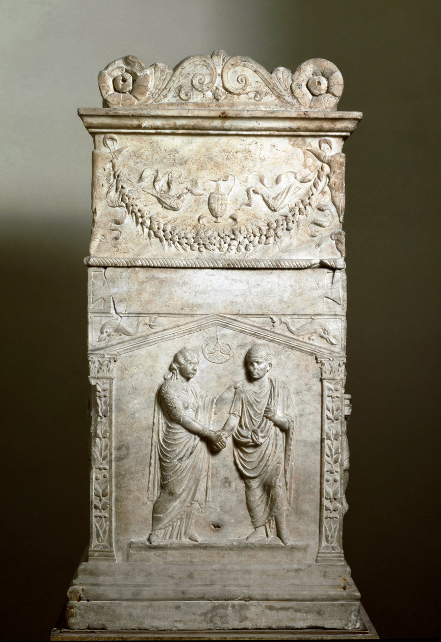 Római művészet: esküvő helyszínét díszítő halotti oltár (Junctio dextrarum) - Alacsony dombormű - Róma, Museo Nazionale Romano - Házassági kézfogás (Junctio dextrarum) - Márvány dombormű, római művészet, egy házaspár temetési oltáráról - Róma, Museo Nazio alkotó: Roman Roman