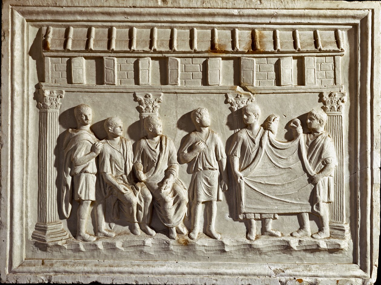 Római művészet: szövetet és kárpitokat ábrázoló alacsony domborműves forma. 2. századi eredetiből. Rome Museo della Civilta Romana alkotó: Roman Roman