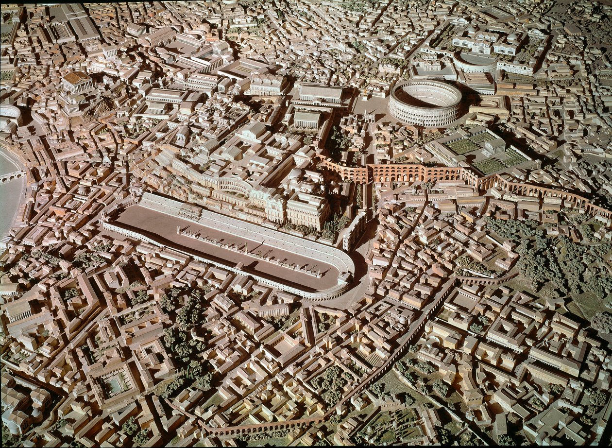 Római művészet: Róma városát az ókor alatt ábrázoló modell. A központban a Circus Maximus vagy a Grand Circus tartalékok tankversenyekre. Róma, Museo della Civilta romana – római művészet. Circus Maximus és etruszk falak. Részlet a rekonstrukciós modellből alkotó: Roman Roman