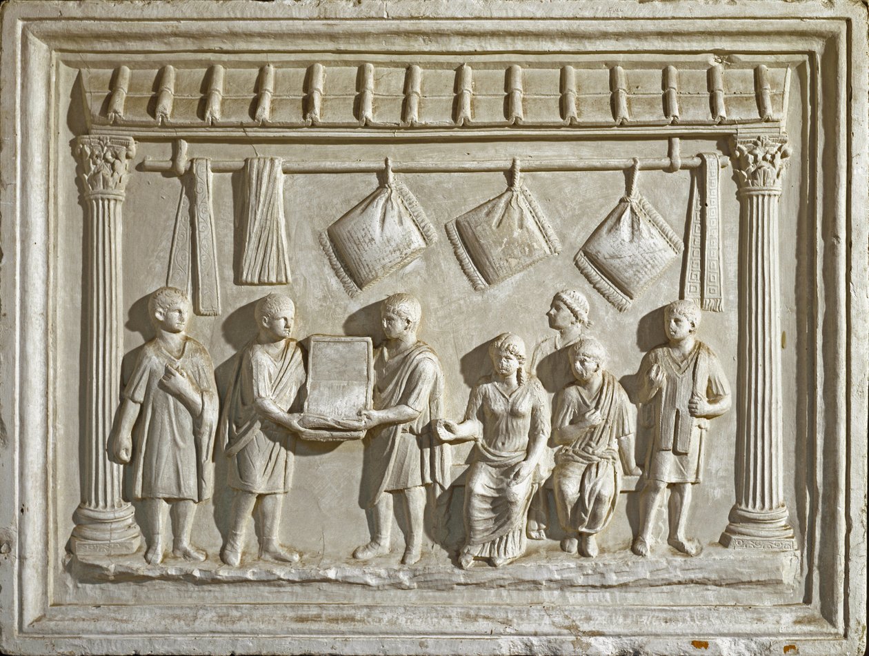 Római művészet: szövetet ábrázoló forma és kárpitok. 2. századi eredetiből (alacsony dombormű) alkotó: Roman Roman