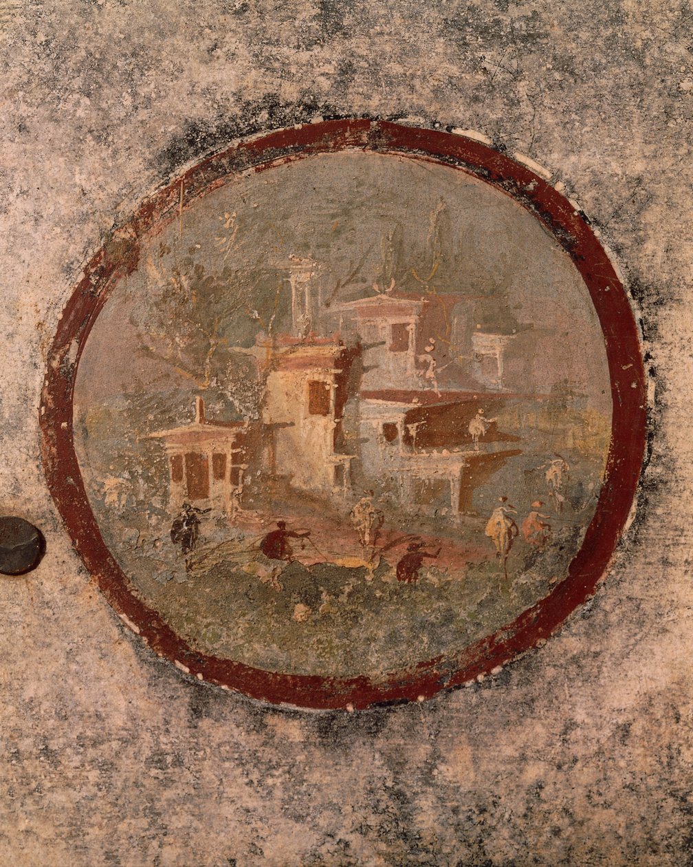 Kerek házakkal és épületekkel, freskó részlete a Centenárium házából, Pompeii, Campania, római civilizáció alkotó: Roman Roman