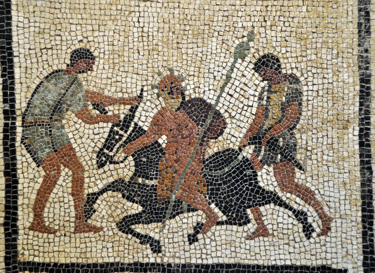 Sileno ebbro: Silene részegen lovagol egy szamáron, amelyet két szolga tart. Mozaik Pompejből, Paquius Proculus vagy C. Cuspius Pansa házából - Nápolyi Régészeti Múzeum, Olaszország - Museo Archeologico Nazionale, Nápoly, Olaszország - Photo Patrice Cartie alkotó: Roman Roman