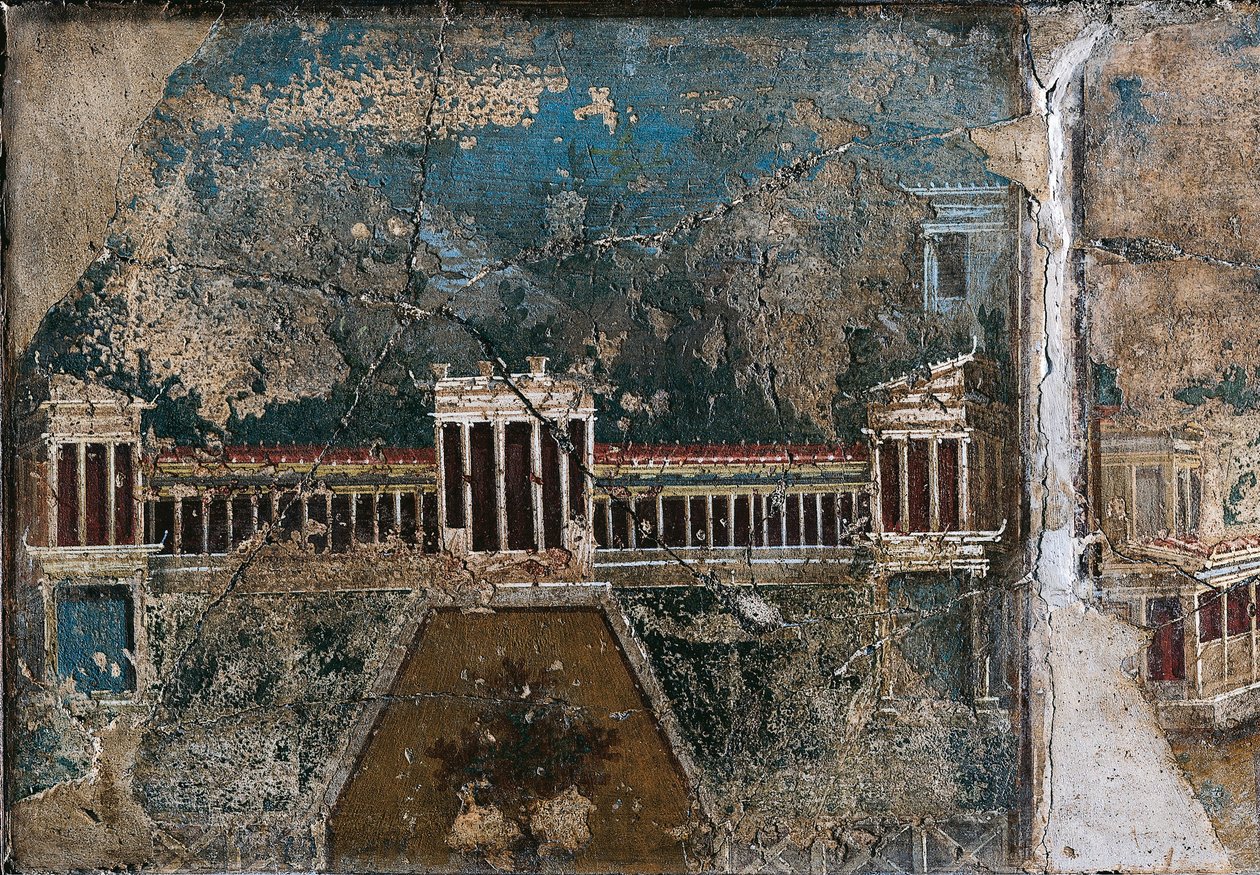 Harmadik stílusú, építészeti tájat ábrázoló freskó, oszlopos tornác által határolt épületrészlet, Pompeiből alkotó: Roman Roman