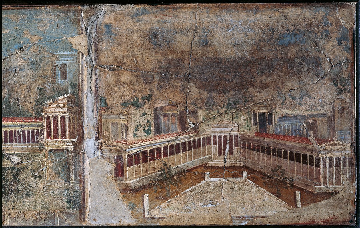 Harmadik stílusú, építészeti tájat ábrázoló freskó, oszlopos tornác részlete, Pompeiiből alkotó: Roman Roman