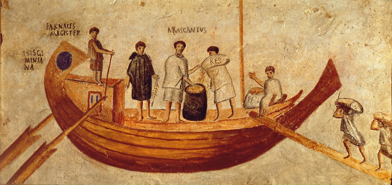 Gabona kirakodása a hajóról, Isis Giminiana, Ostiából, 2-3. század (freskó) alkotó: Roman Roman