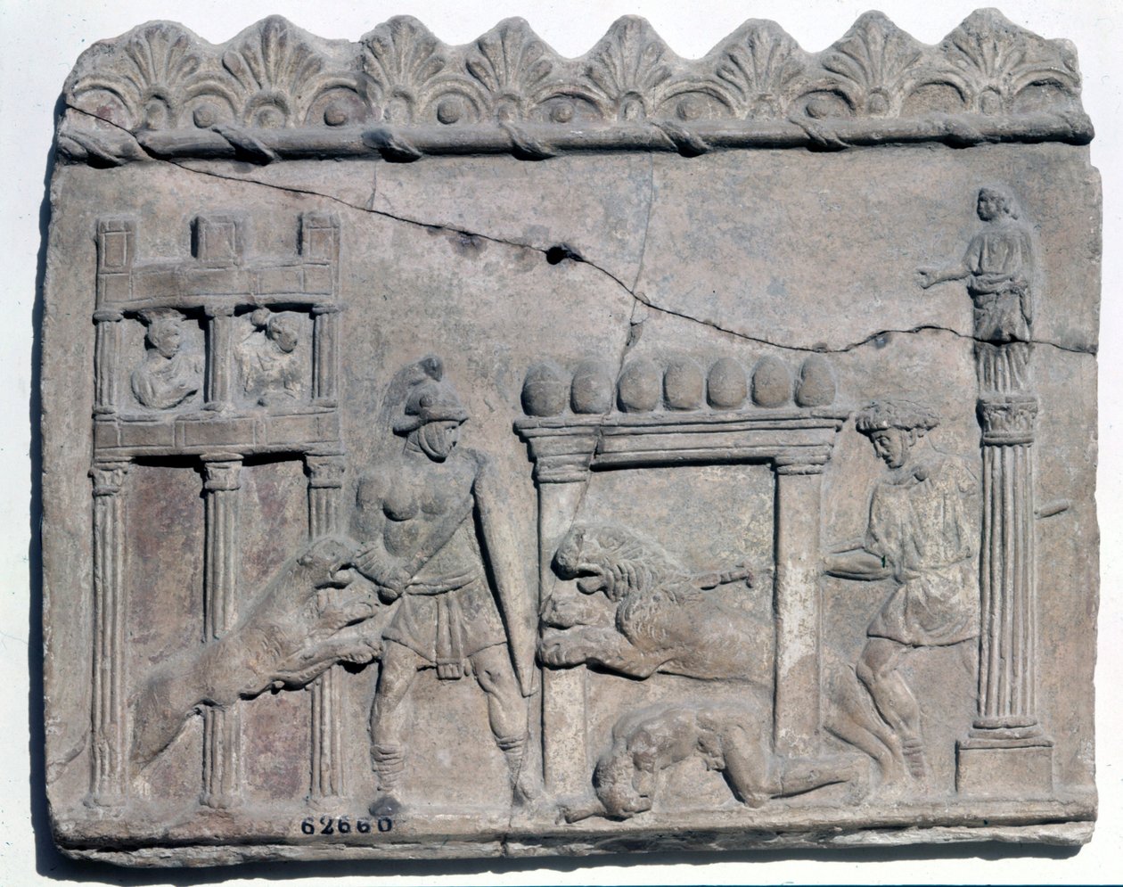 Vadászat az arénában. Alsó dombormű a római epotról.Museo Nazionale Romano alkotó: Roman Roman