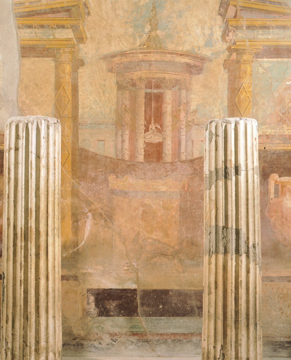 Falfestés második pompei stílusban, a Labirintus házából, Pompeiiből, Campaniából, római civilizáció alkotó: Roman Roman