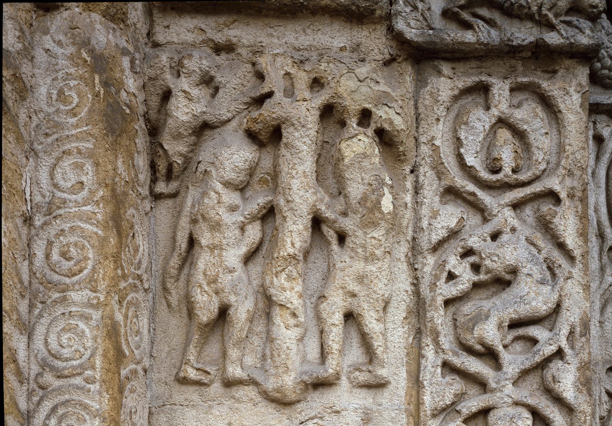 Ádám és Éva. Részlet a bazilikán homlokzatáról, 12. század eleje (dombormű) alkotó: Romanesque