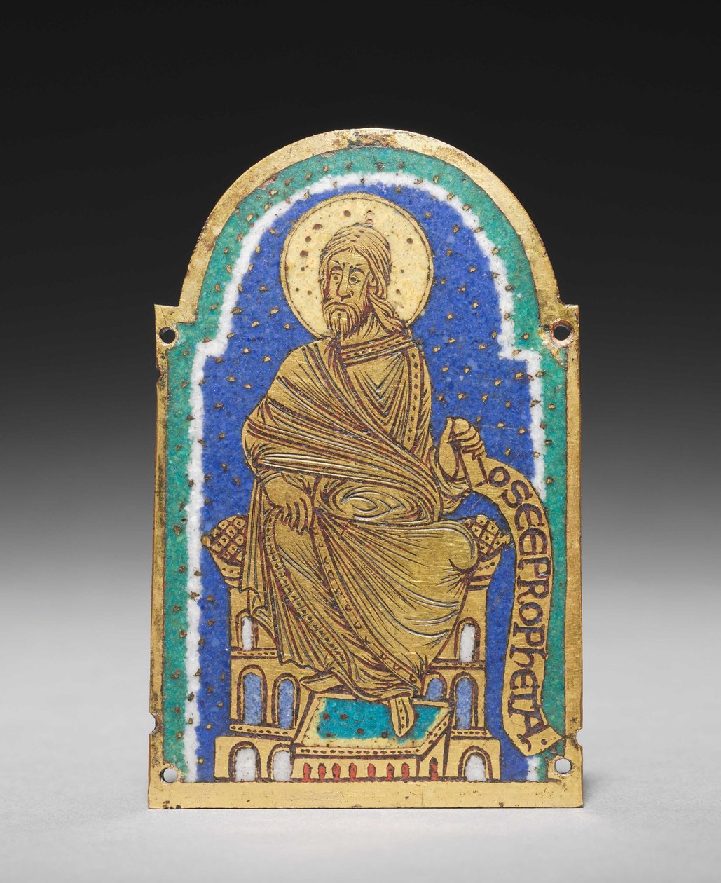 Emléktábla: Ülő próféta egy ereklyetartó szentélyből: Osea (Hosea), 1170-1180 körül (aranyozott réz, champlevé zománc) alkotó: Romanesque
