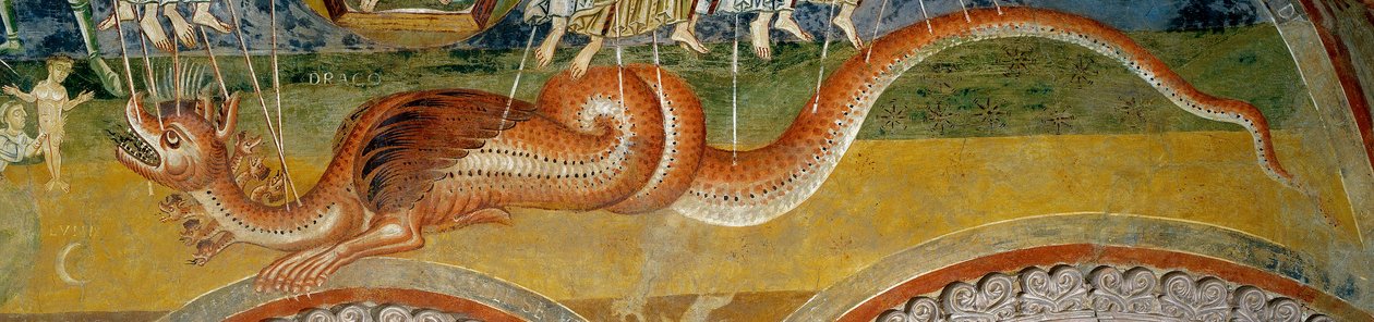 Az Apokalipszis ábrázolása. Részlet a szörnyet ábrázoló hét fejű, angyalnyilai által áttört részlet alkotó: Romanesque