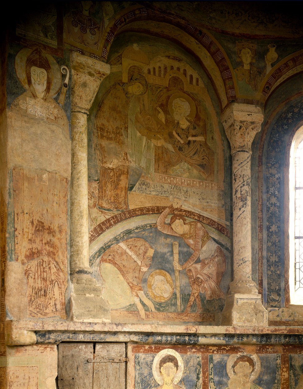 Román művészet: Saint Laurent mártírját (1103-1130) ábrázoló festmény. Freskó. Chateau des Moines kápolnája, Berze la Ville (Berze-la-Ville in Saone and Loire, Burgundia), Franciaország. alkotó: Romanesque