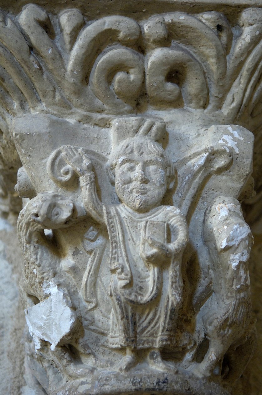 Román művészet: a Lacommande-i Saint Blaise-templom fővárosának részlete (Atlanti Pireneusok) alkotó: Romanesque