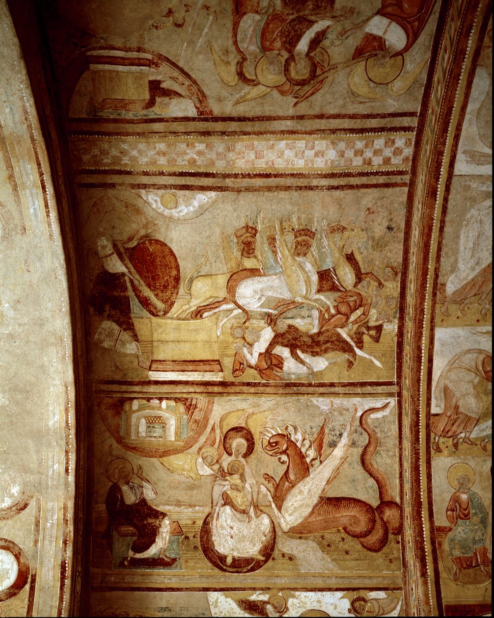 Román művészet: a bécsi (Franciaország) Saint-Savin-sur-Gartempe (Saint Savin sur Gartempe) apátság belseje, alapítója Charlemagne (1060-1115) Falfestés a mennyezeten 1100 körül. Freskó. alkotó: Romanesque