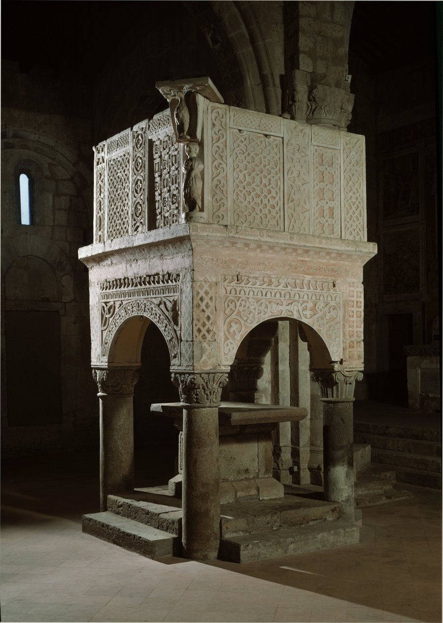 Román művészet: márvánnyal és domborművekkel díszített templom szószéke, Szent Maria Maggiore templom (Toszkánia, Olaszország) alkotó: Romanesque