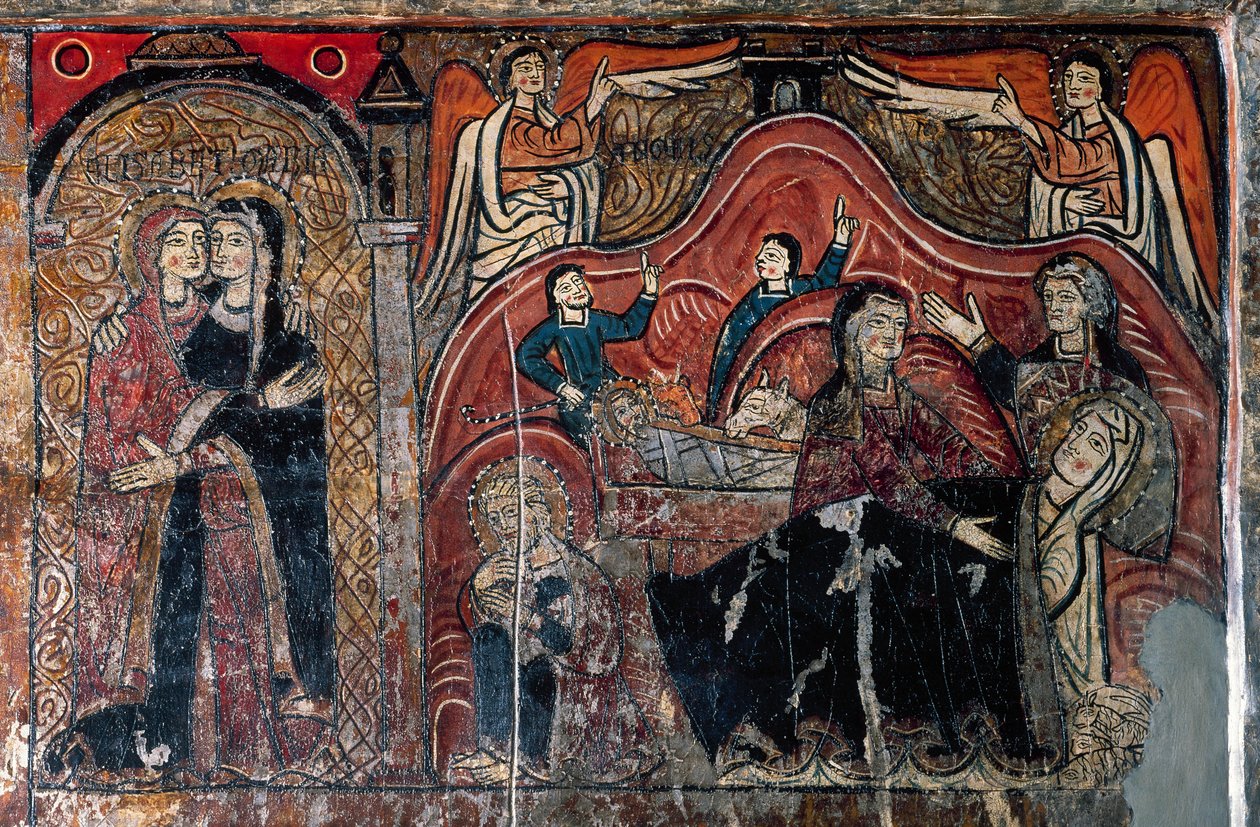 A látogatás és a születés Celomi és Salome szülésznőkkel, részlet alkotó: Romanesque
