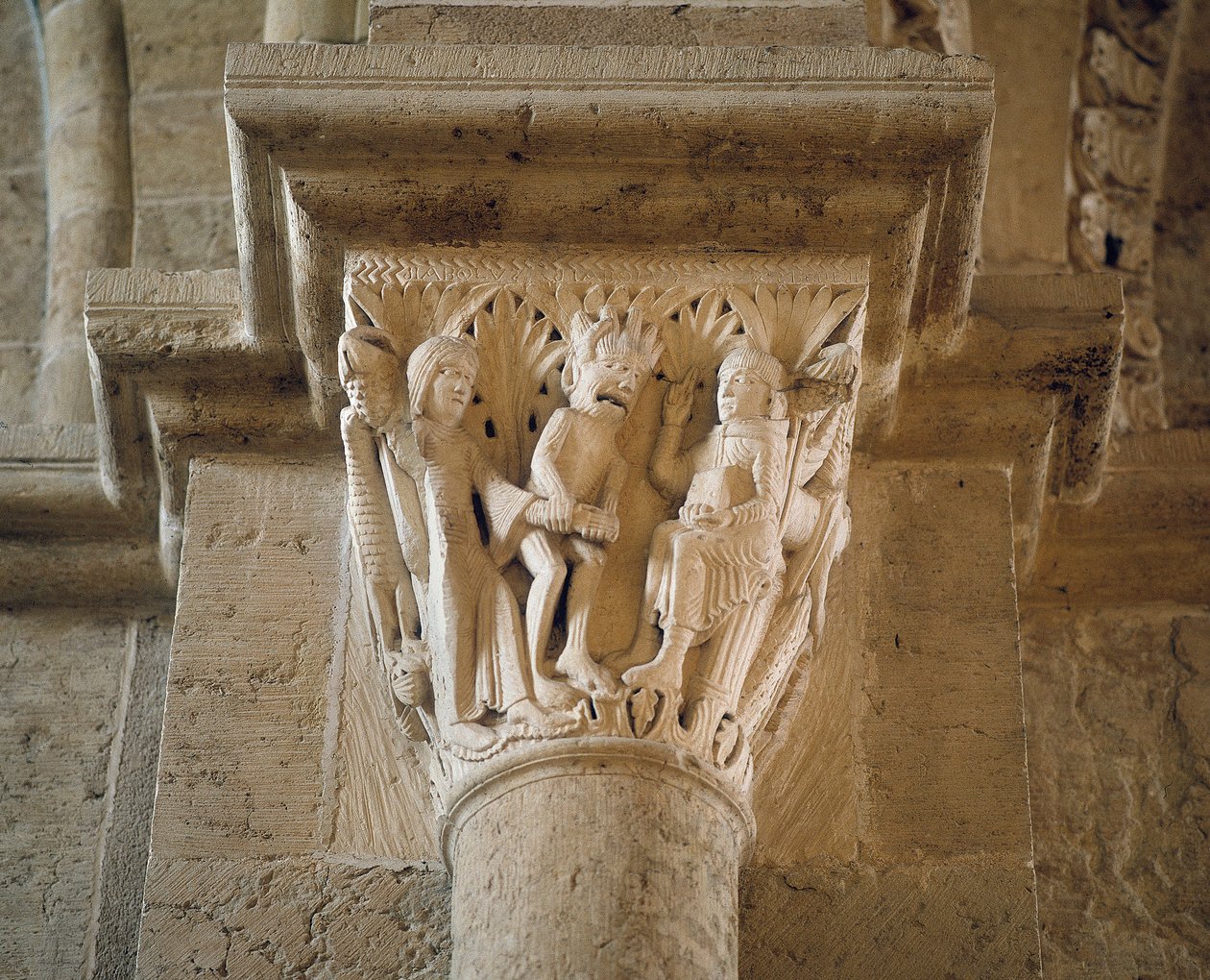 Az ördög egy nőt mutat meg Szent Benedeknek, hogy megkísértse, a narthex fővárosa (szobor) alkotó: Romanesque