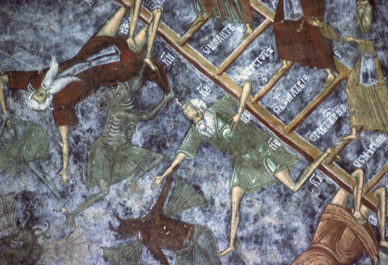 Démonok által hurcolt bűnösök, a Mennyország létrája festmény részlete, a templom északi fala, 1601 körül alkotó: Romanian School