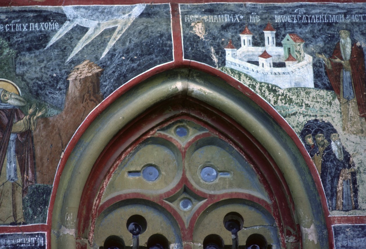 Gótikus ablak és Szent Pachomius élete a templom északi faláról, 1601 körül alkotó: Romanian School