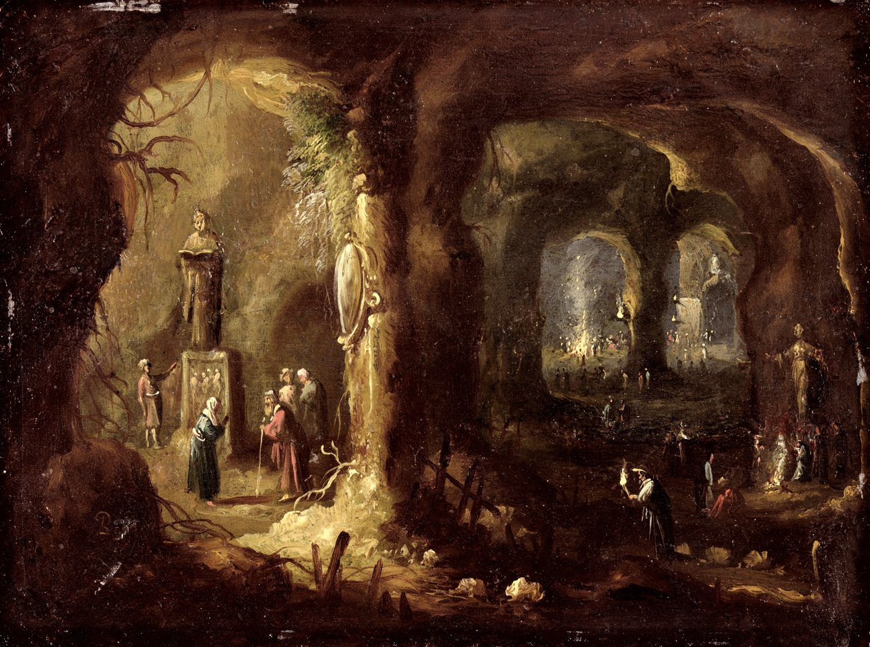 Grotto szobrokkal és számos bálványt imádó alakkal (Szent Simeon Stylites), 1640 körül (olaj, réz) alkotó: Rombout van Troyen