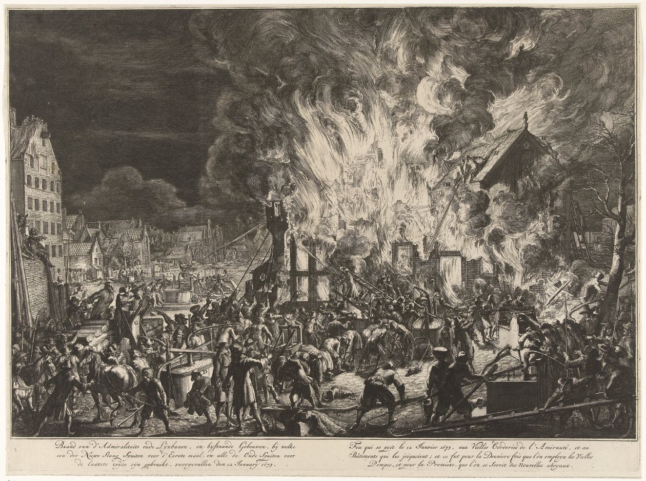 Tűz az Admiralitás vonalaiban, 1673 Az Admiralitás régi Lijnbaanjai és a szomszédos épületek (…) tüze 1673. január 12-én történt / Feu qui se prit le 1673. január 12., auxvielles Corderies de l