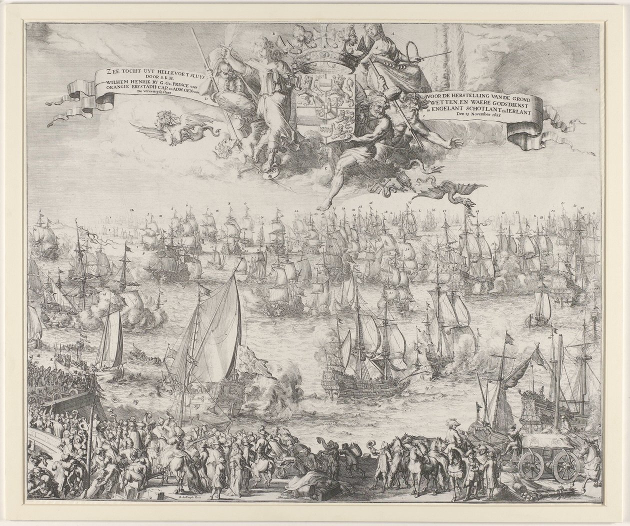 III. Vilmos utazása Angliába, 1688 Tengeri túra a Hellevoet Sluys-tól, S.K.H. Wilhem Henrik G. Ga. Orangeie Erfstadh hercege. sapka. és Adm. Gén. van Az Egyesült Államok / For the Restoration of the Constitutions, and True Religion in Engelant Sch alkotó: Romeyn de Hooghe (attributed to workshop of)