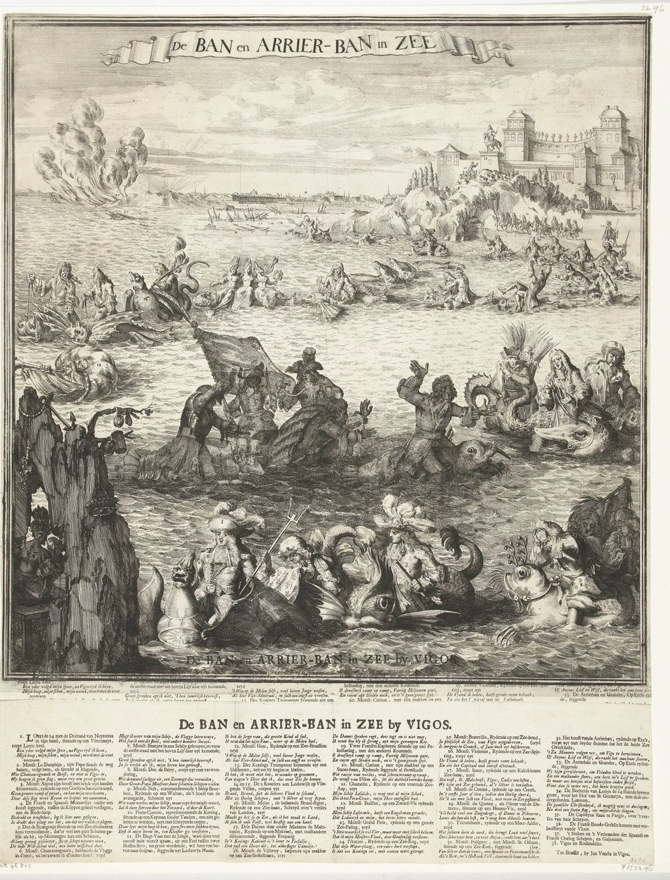 Karikatúra a vigói ezüstflotta elfoglalásáról, 1702 A tilalom és az érkezési tilalom a tengerben (cím a tárgyon) A bán és az érkezési tilalom a tengerben Vigosnál (cím az objektumon) alkotó: Romeyn de Hooghe (possibly)