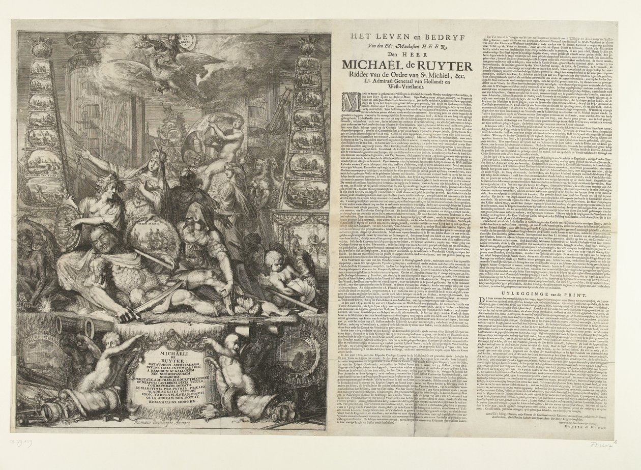 Michiel de Ruyter halálának allegóriája, 1676 A Szerk élete és üzlete: Manhaften Heer, Den Heer Michaël de Ruyter A Szent Mihály Lovagrend lovagja stb. hadnagy Van Hollandt és West-Vrieslandt admirális (cím a tárgyon) alkotó: Romeyn de Hooghe