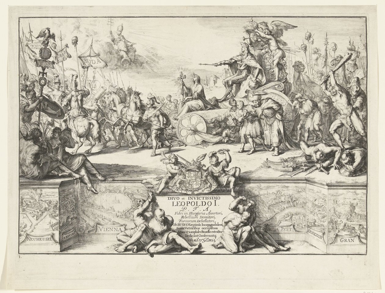 I. Lipót győzelmeinek allegóriája Divo et invictissimo Leopoldo I (cím a tárgyon) I. Lipót belépése Brüsszelbe a törökök legyőzése után, 1686 (sorozat címe) alkotó: Romeyn de Hooghe