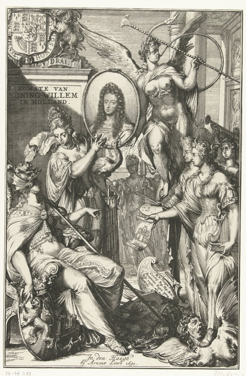 Allegorikus homlokzat III. Vilmos portréjával Vilmos király megérkezése Hollandiába (cím a tárgyon) alkotó: Romeyn de Hooghe