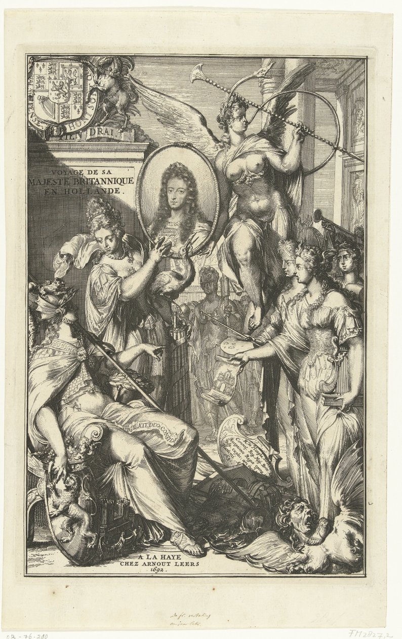 Allegorikus homlokzat III. Vilmos portréjával Voyage de sa Majeste Britannique en Hollande (cím a tárgyon) alkotó: Romeyn de Hooghe