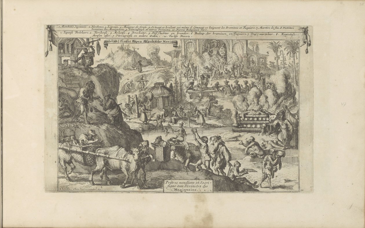 Bedelaars Oost-en West-Indië-ben Bedel en Slacht-Papen Afgoden der Mexicanen / Mendian papok és feláldozók a mexikóiak Divinitea számára (cím a tárgyon) Kelet- és Nyugat-India és más helyek (sorozat címe) alkotó: Romeyn de Hooghe