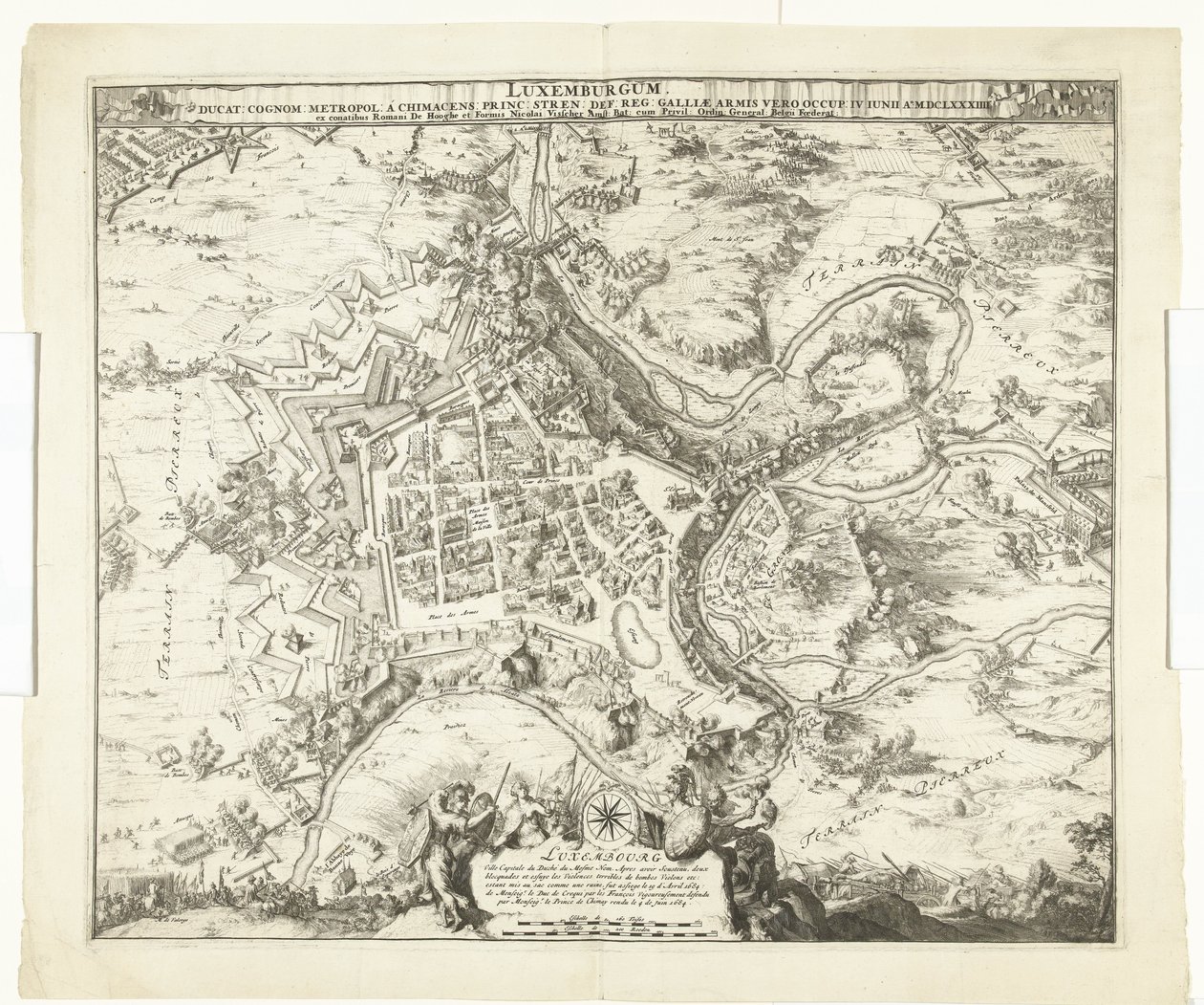 Bombardment van Luxemburg door de maarschalk de Créquy, 1684 Luxemburg, vezet. vezetéknév világváros chimacens herceg stren def. reg. De Gallia karjai megszállták. június 4 Ao. 8834 (cím az objektumon) alkotó: Romeyn de Hooghe