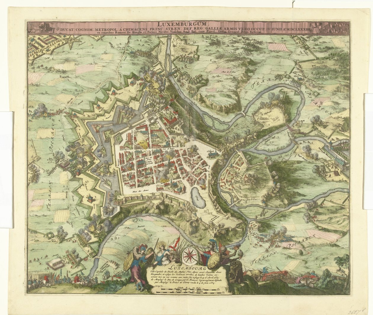 Bombardment van Luxemburg door de maarschalk de Créquy, 1684 Luxemburg, vezet. vezetéknév világváros chimacens herceg stren def. reg. De Gallia karjai megszállták. június 4 Ao. 8834 (cím az objektumon) alkotó: Romeyn de Hooghe